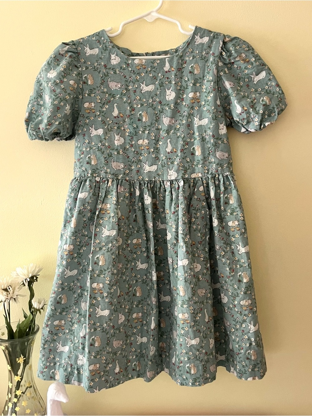Mini Boden Linen Teal Green Bunny Goose Floral Puff-Sleeve Dress